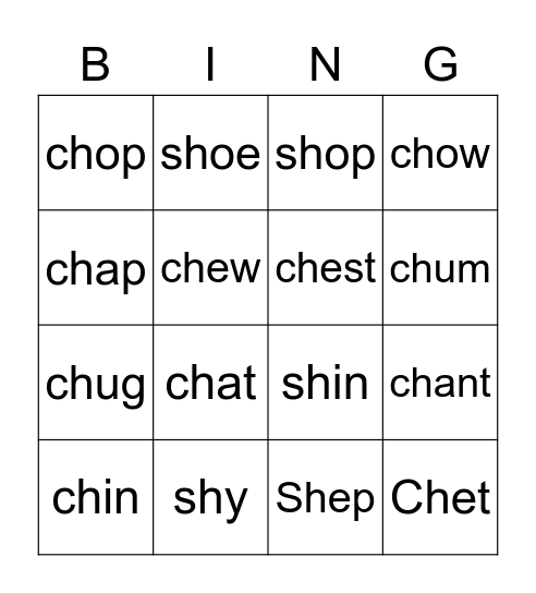 Initial Digraph ch sh Bingo Card