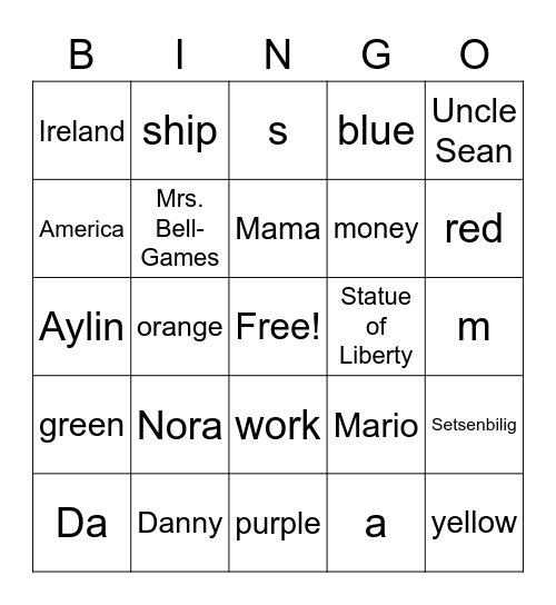 G3 U2 W2 NC Sailing to America Bingo Card