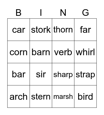 R-Controlled Vowels Bingo Card