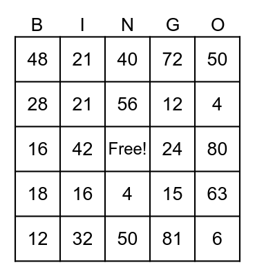 Multiplication Bingo Card