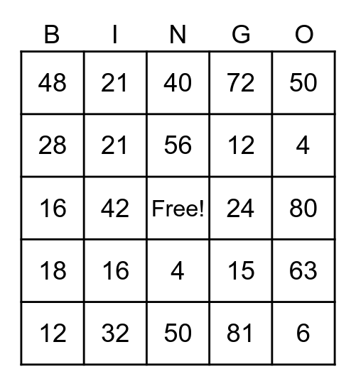 Multiplication Bingo Card