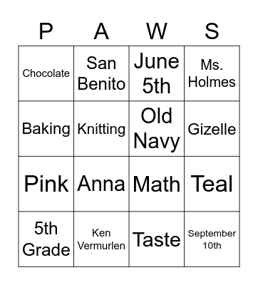 Mrs. Vermurlen Bingo Card