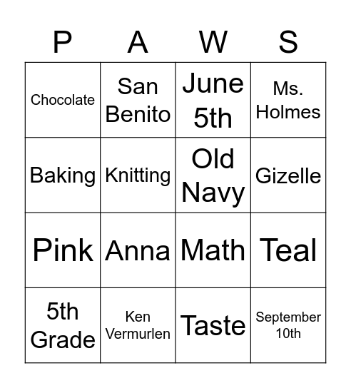 Mrs. Vermurlen Bingo Card