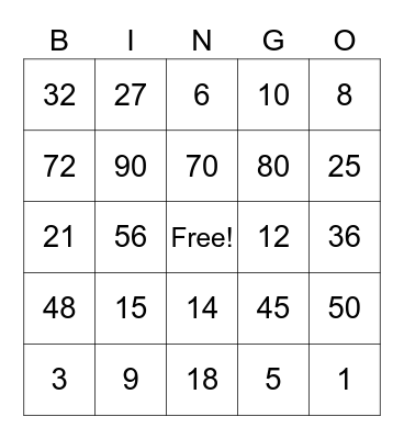Multiplication Bingo Card