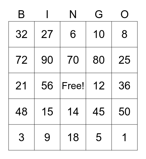 Multiplication Bingo Card