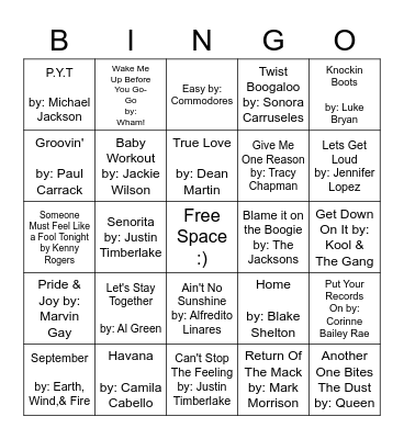Ritz Song Bingo Card