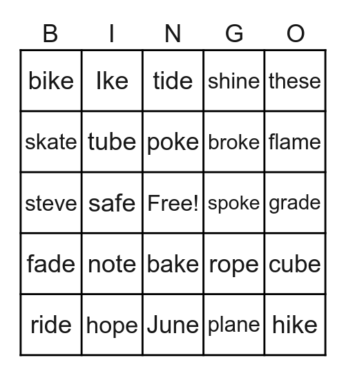 Vowel consonant e Bingo Card