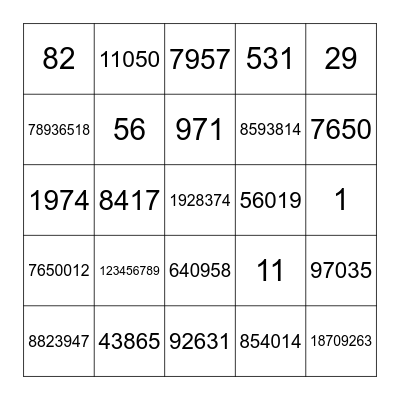 Number Bingo! Bingo Card