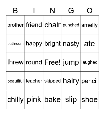 Nouns, Adjectives, Verbs Bingo Card