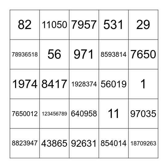 Number Bingo! Bingo Card