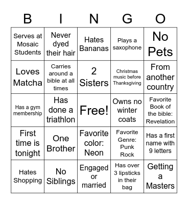 MOSAIC YOUNG ADULTS Bingo Card