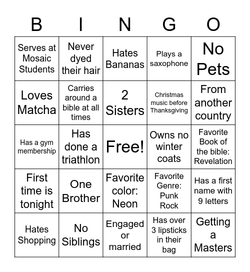 MOSAIC YOUNG ADULTS Bingo Card