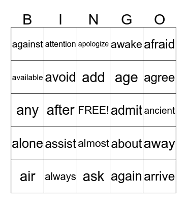 Words that Begin with "A" Bingo Card