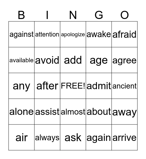 Words that Begin with "A" Bingo Card