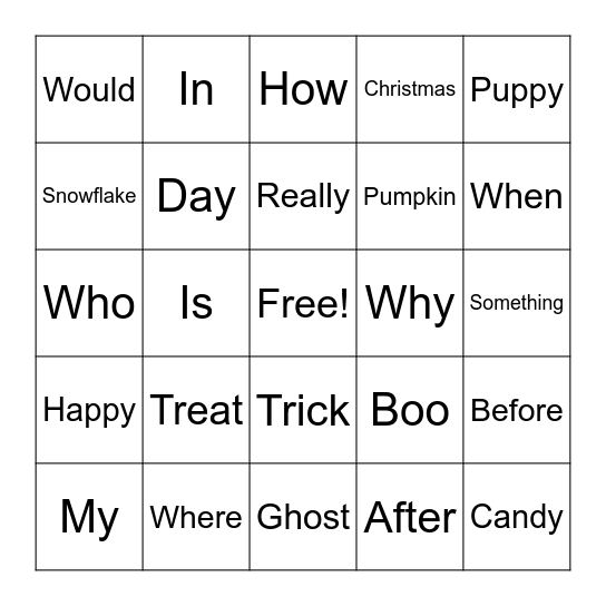 Sight Words Bingo Card