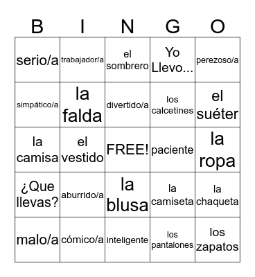 Personality and Clothes Bingo Card