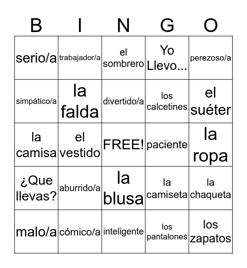 Personality and Clothes Bingo Card