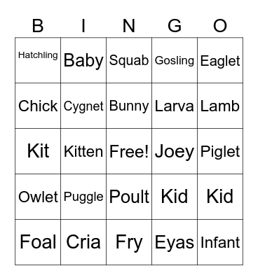 Baby Animals Bingo Card