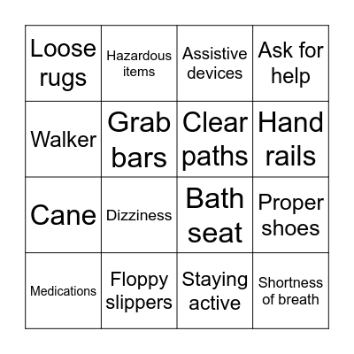 Fall Prevention Bingo Card