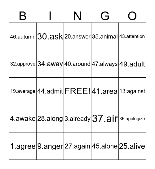 Words that Begin with "A" Bingo Card