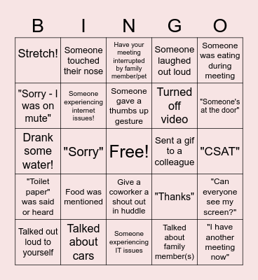 Remote Work Bingo Card