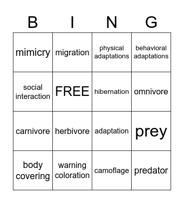 Animal Adaptations Bingo Card