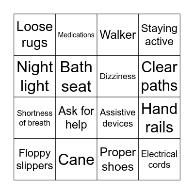 Fall Prevention Bingo Card