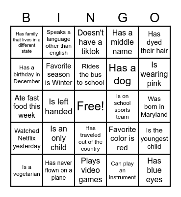Get to Know Each Other! Bingo Card