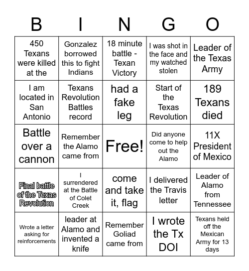 Unit 5 Texas Revolution Battles Bingo Card