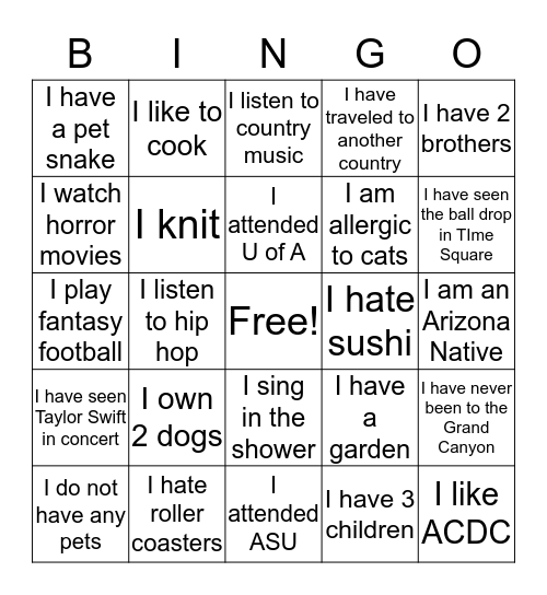 Get to Know You Bingo Card