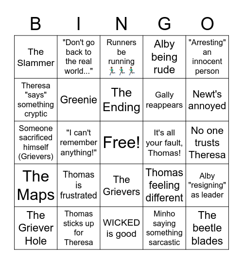 The Maze Runner Bingo Card