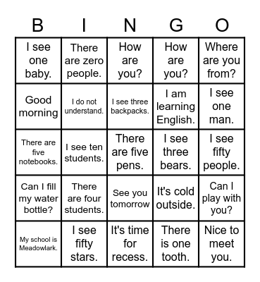 Vocabulary (Vocabulario) Bingo Card