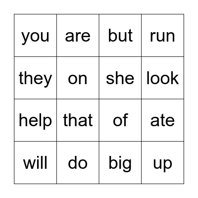 Sight Words Bingo Card