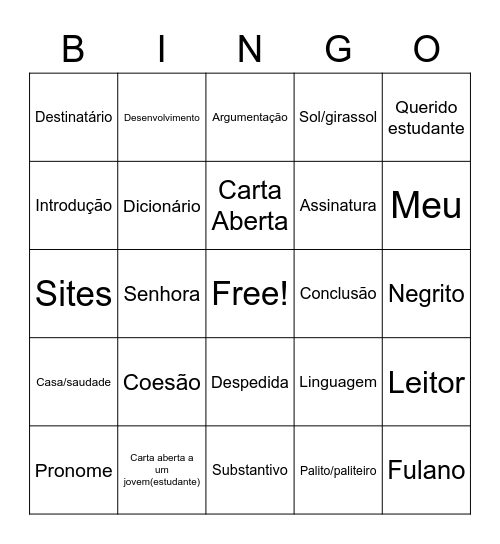 Língua Portuguesa / PET 04 Bingo Card