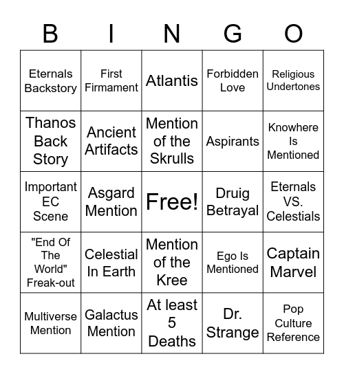Eternals Bingo Card