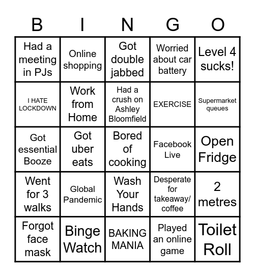 NZ Lockdown Bingo Card