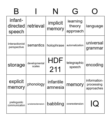 Cognitive Development in Infancy and Toddlerhood Bingo Card