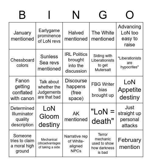 LoNcourse Bingo Card