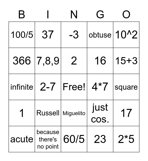 Math Bingo Card