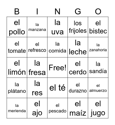 Unit 11 - Comida Bingo Card