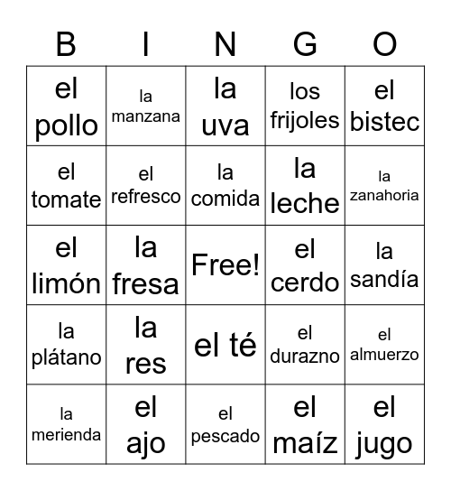 Unit 11 - Comida Bingo Card