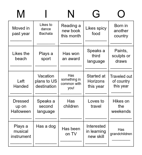 Mingle Bingo Card