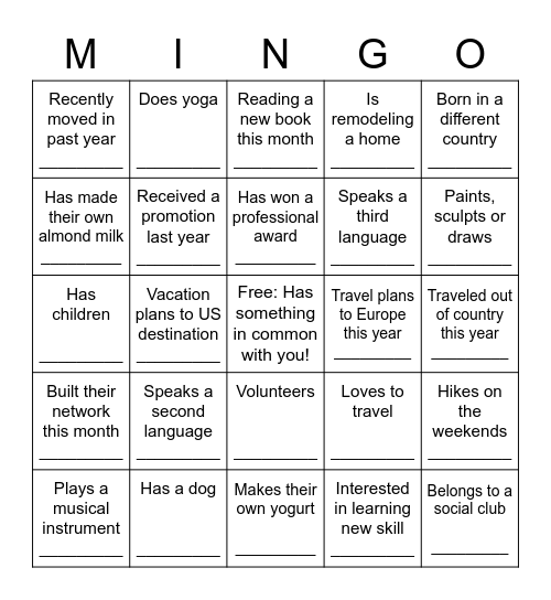 Mingle Bingo Card