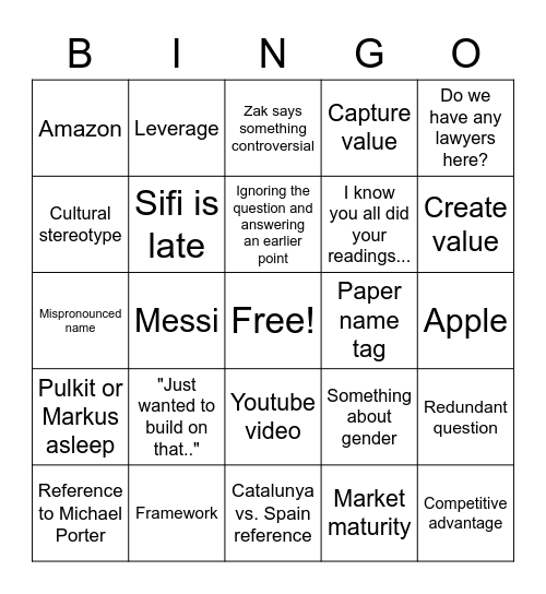 Section A - In-class Bingo Card