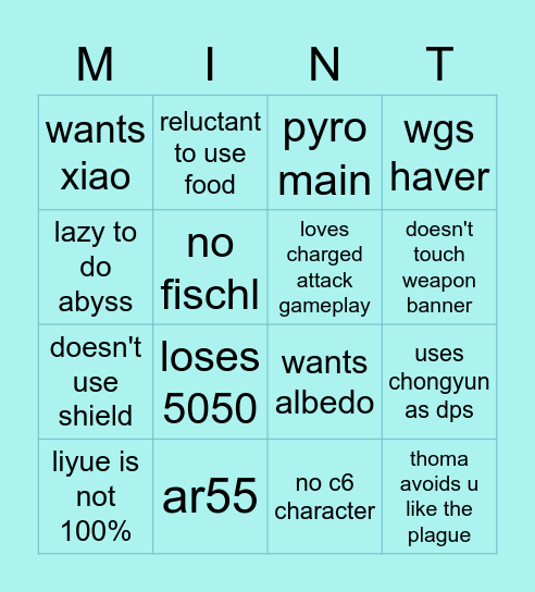 Mint's genshin bingo Card