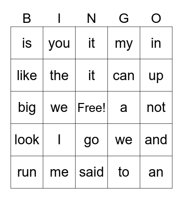 Sight Words Bingo Card