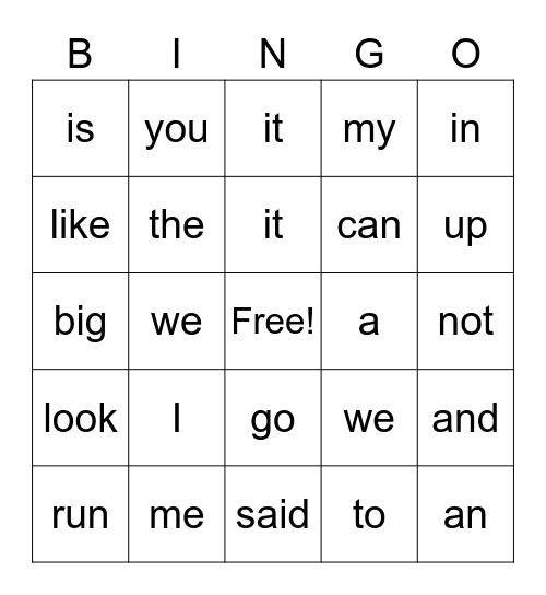 Sight Words Bingo Card
