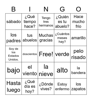 Spanish I Practice Bingo Card