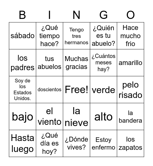 Spanish I Practice Bingo Card