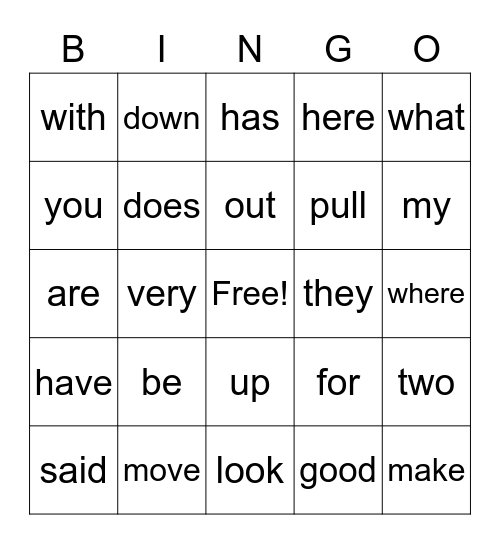 Sight Word Bingo Card